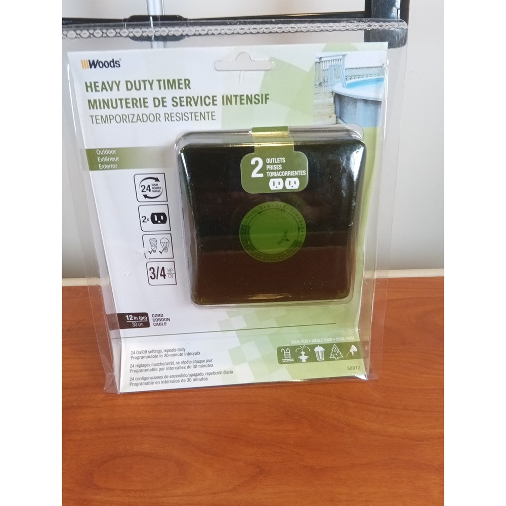 Woods 50012WD Outdoor 24 Hour Heavy Duty Mechanical Timer 2 Grounded Outlets NIB